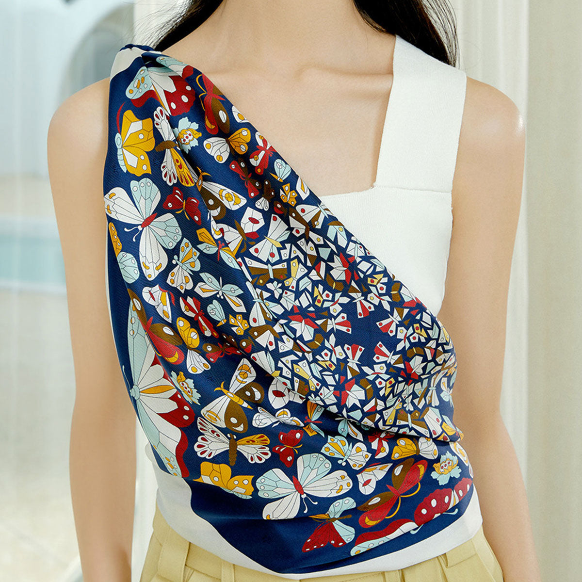 Pure Mulberry Silk Scarf Wensli Silk Scarf Square, Butterfly Navy Blue