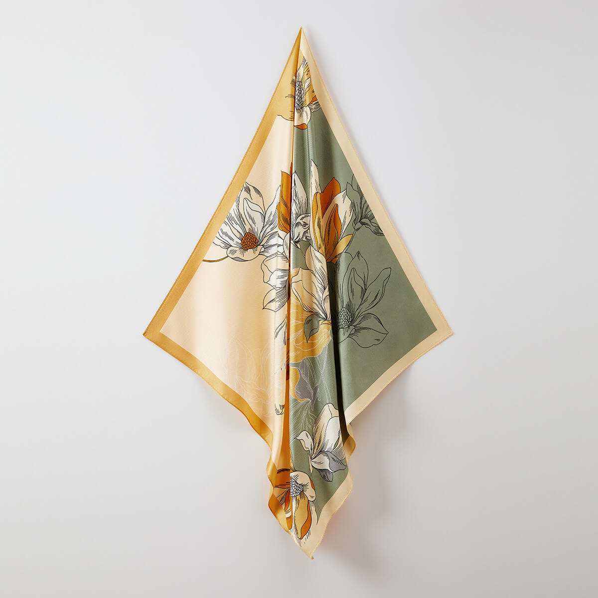Floral Silk Head Scarf Square, Green Magnolia