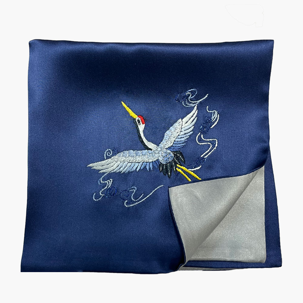 Suzhou Embroidery Silk Pocket Square, Flying Crane Navy Blue