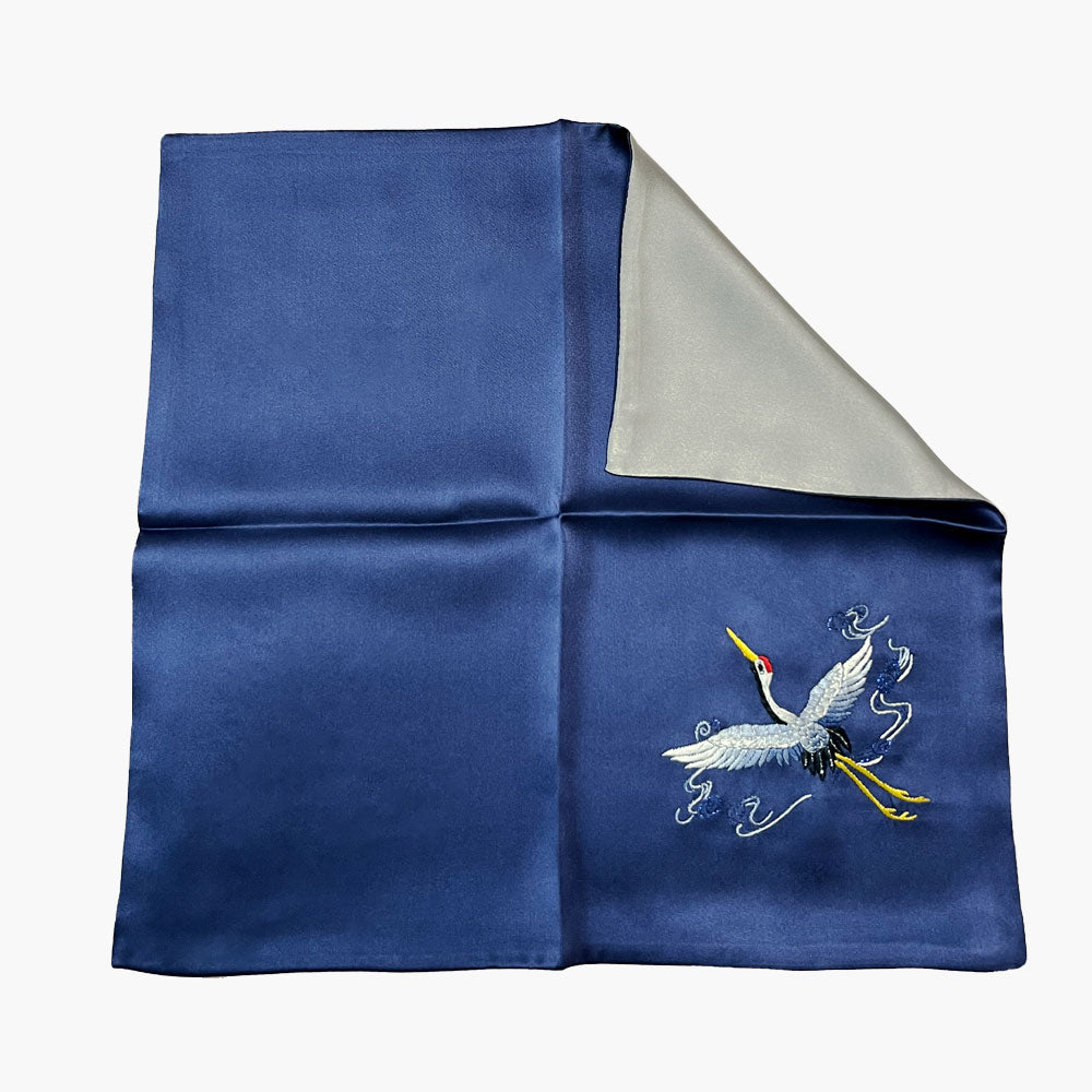 Suzhou Embroidery Silk Pocket Square, Flying Crane Navy Blue