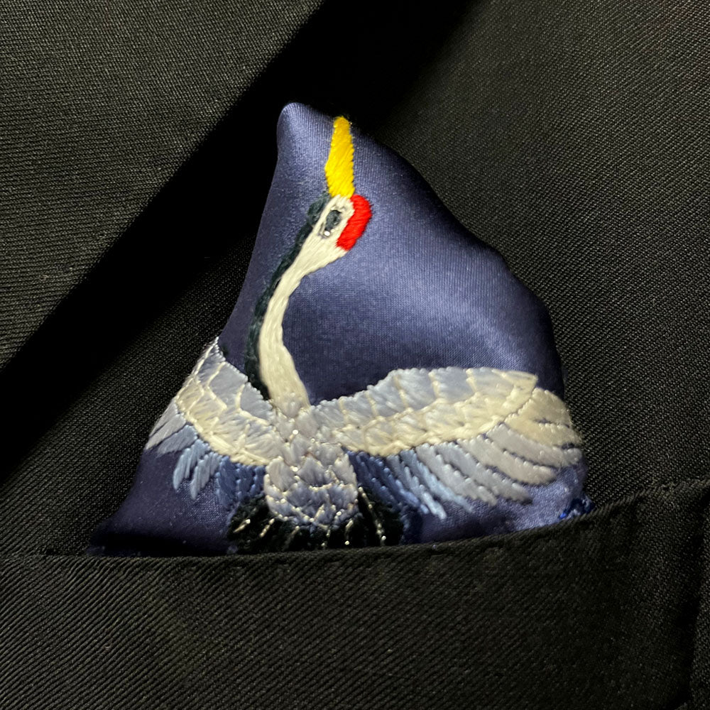 Suzhou Embroidery Silk Pocket Square, Flying Crane Navy Blue