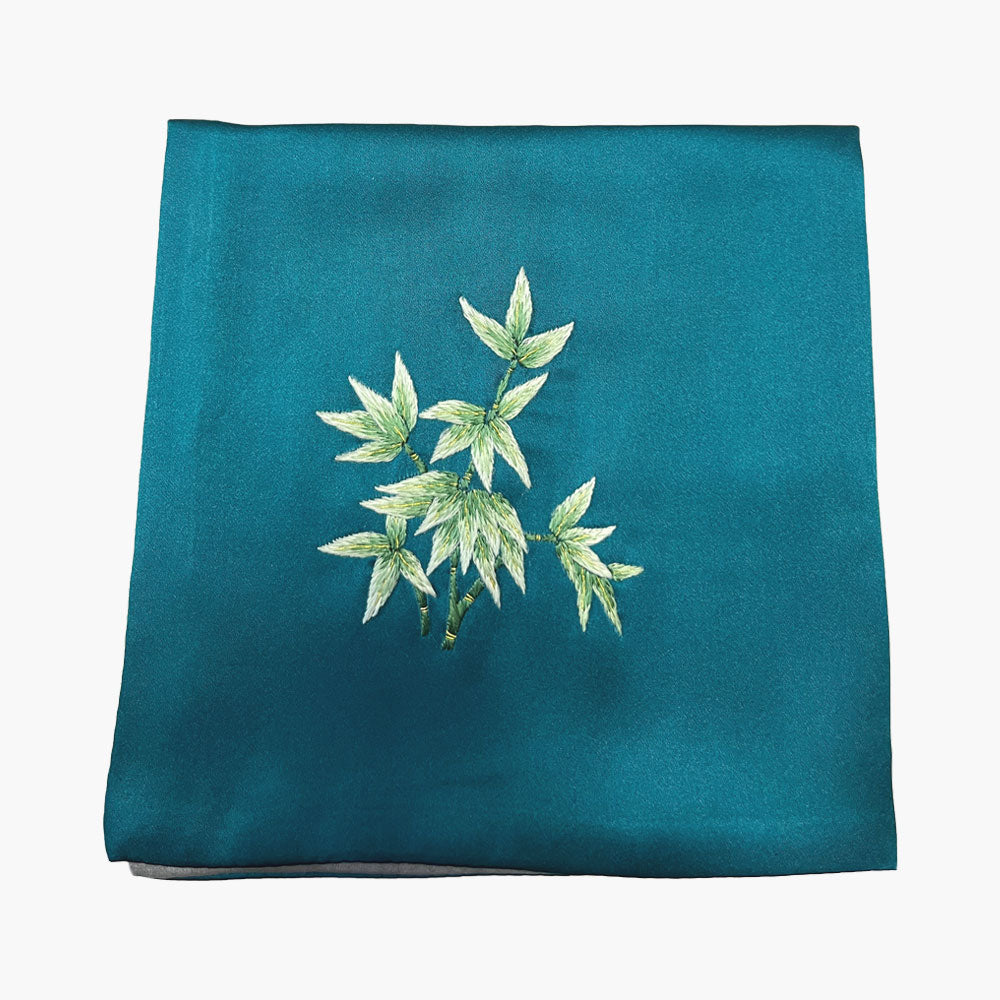 Suzhou Hand-Embroidered Silk Pocket Square, Bamboo Peacock Blue