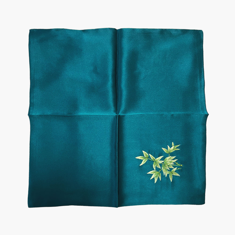 Suzhou Hand-Embroidered Silk Pocket Square, Bamboo Peacock Blue
