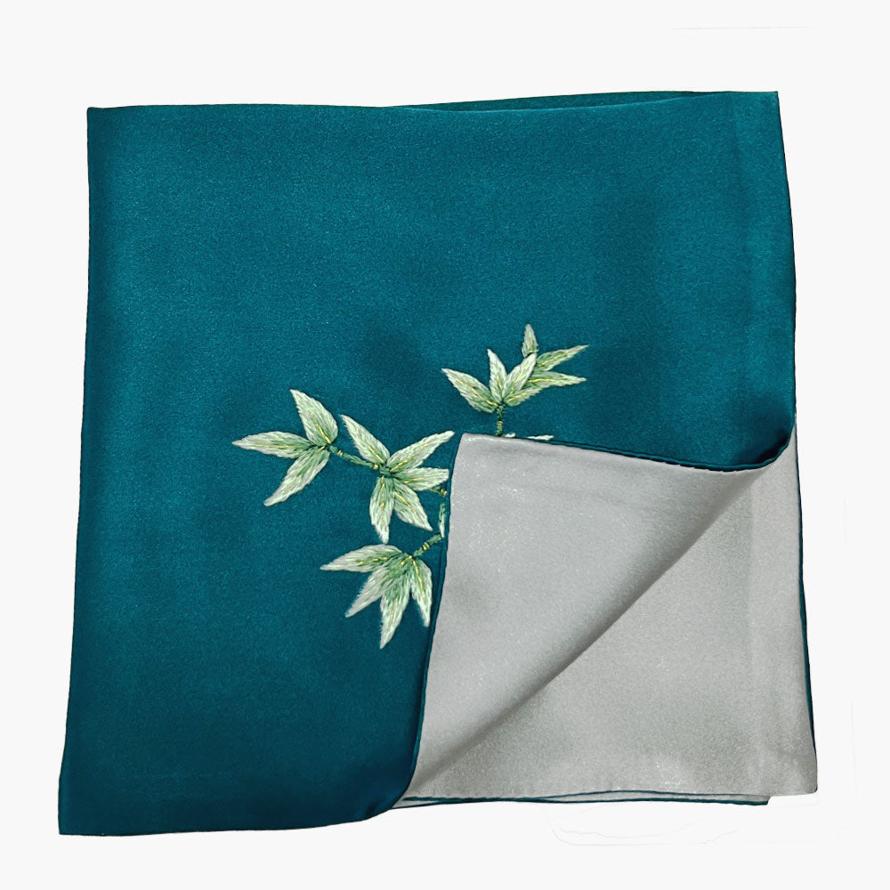 Suzhou Hand-Embroidered Silk Pocket Square, Bamboo Peacock Blue