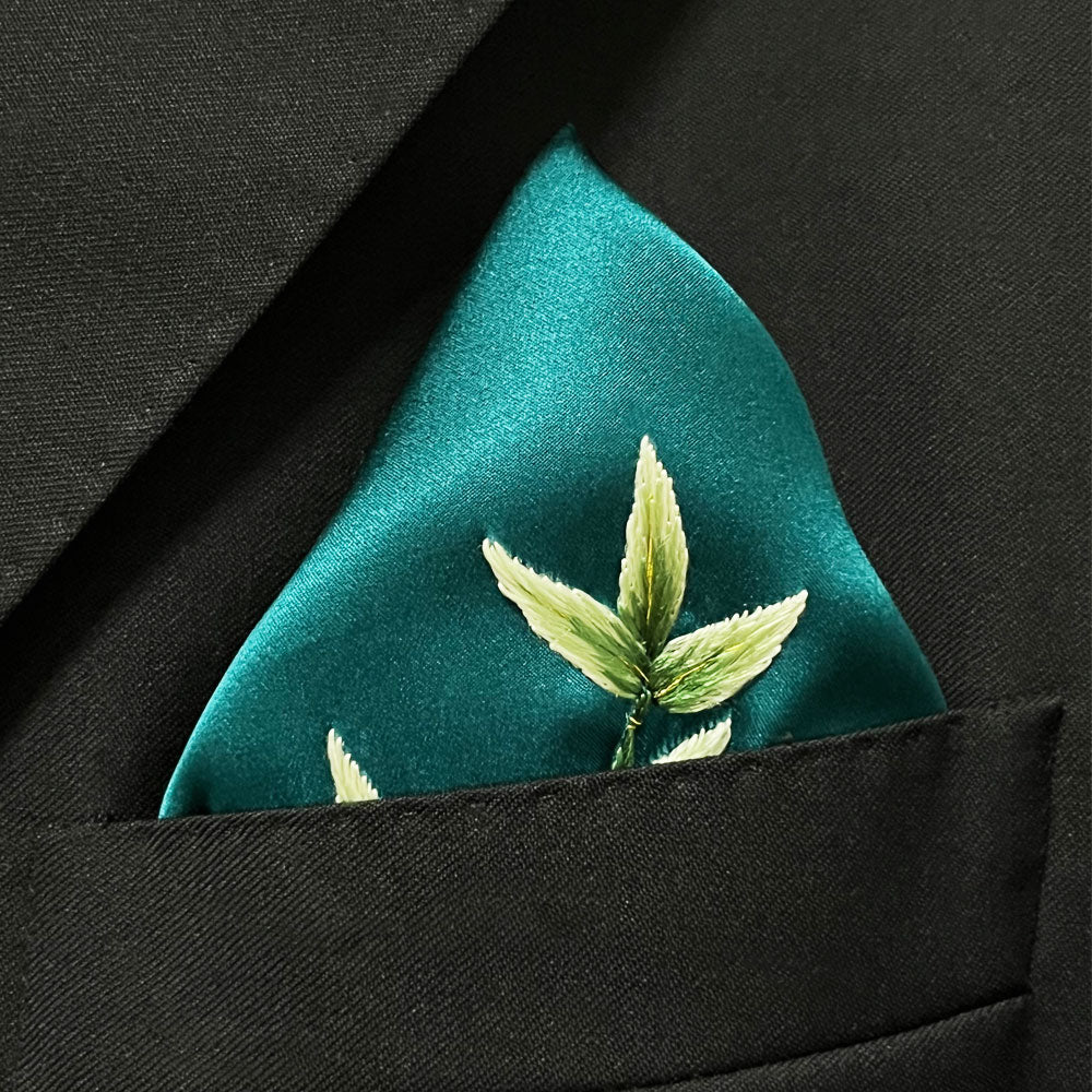 Suzhou Hand-Embroidered Silk Pocket Square, Bamboo Peacock Blue