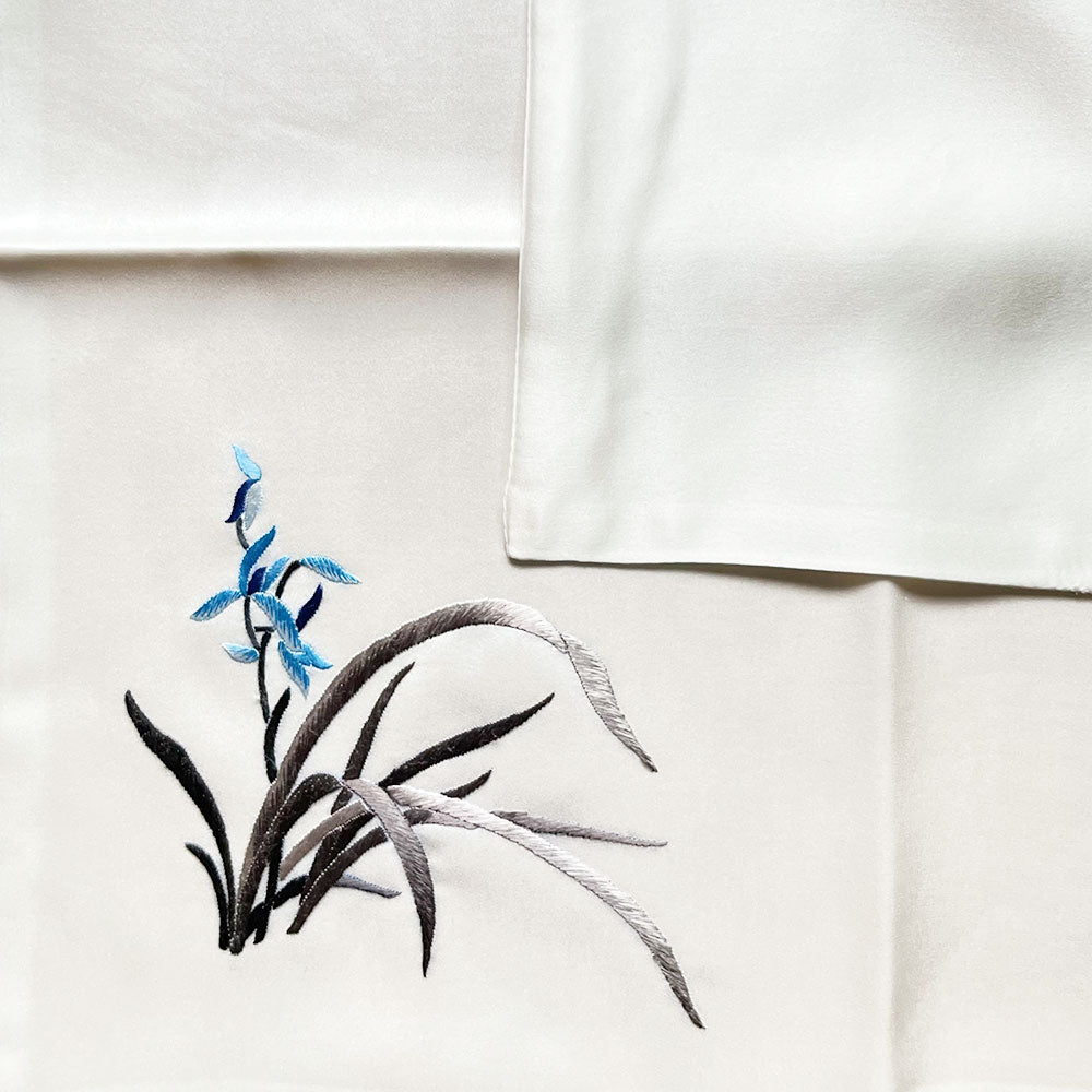 Hand-Embroidered Silk Handkerchief, Blue Junzi Orchid