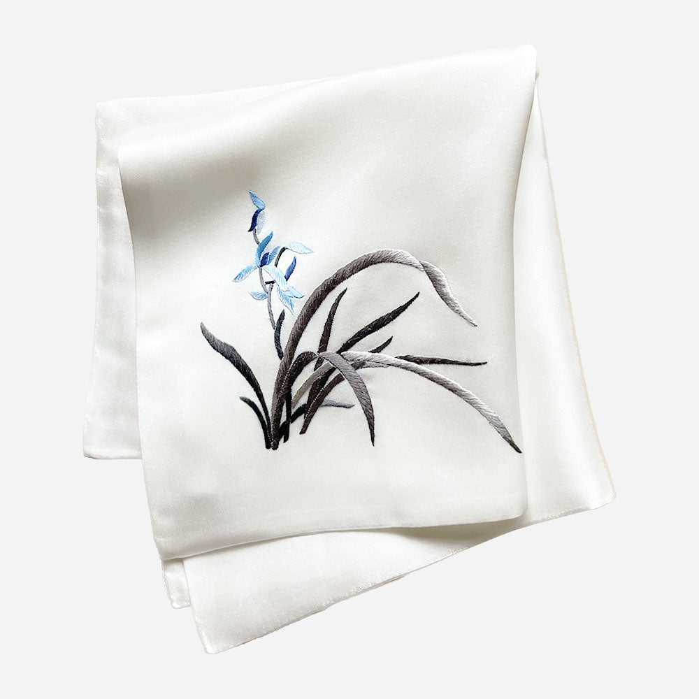 Hand-Embroidered Silk Handkerchief, Blue Junzi Orchid
