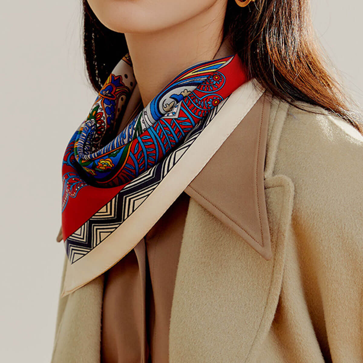 Women Silk Scarf Silk Neck Scarf Square, Paisley Fantasy Floral Red