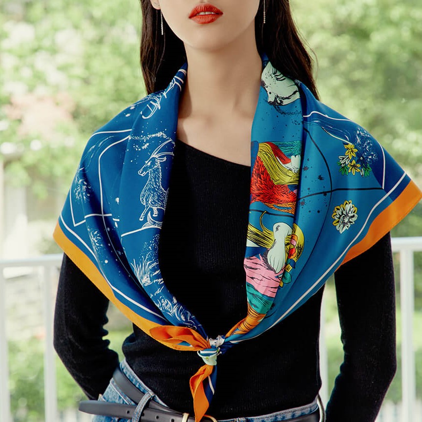 Designer Silk Scarf Women, Astronomy Blue