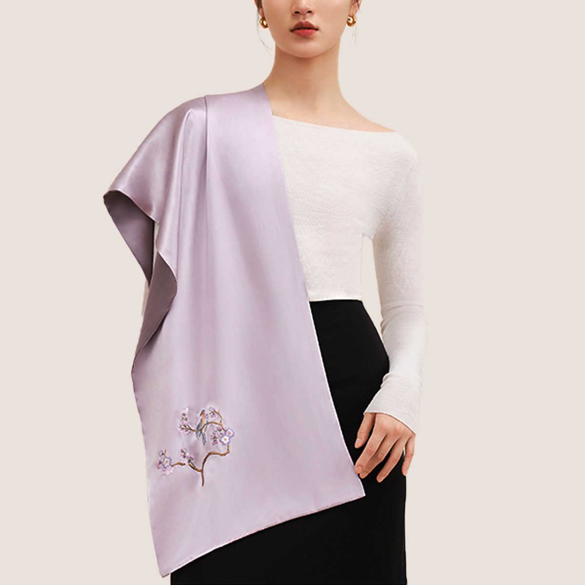 Hnad Embroidered Silk Scarf Double Sided Long Silk Scarf, Magpie & Plum Blossom