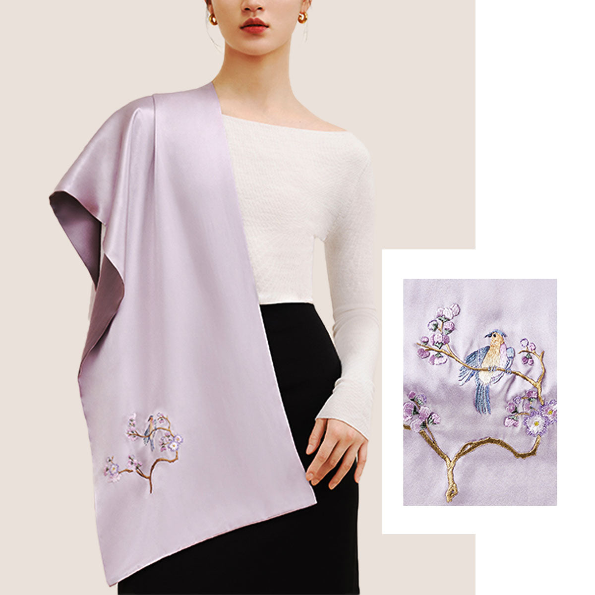 Hnad Embroidered Silk Scarf Double Sided Long Silk Scarf, Magpie & Plum Blossom