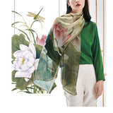 Silk Chiffon Shawls Scarf Long Mulberry Silk Scarf, Summer Lotus