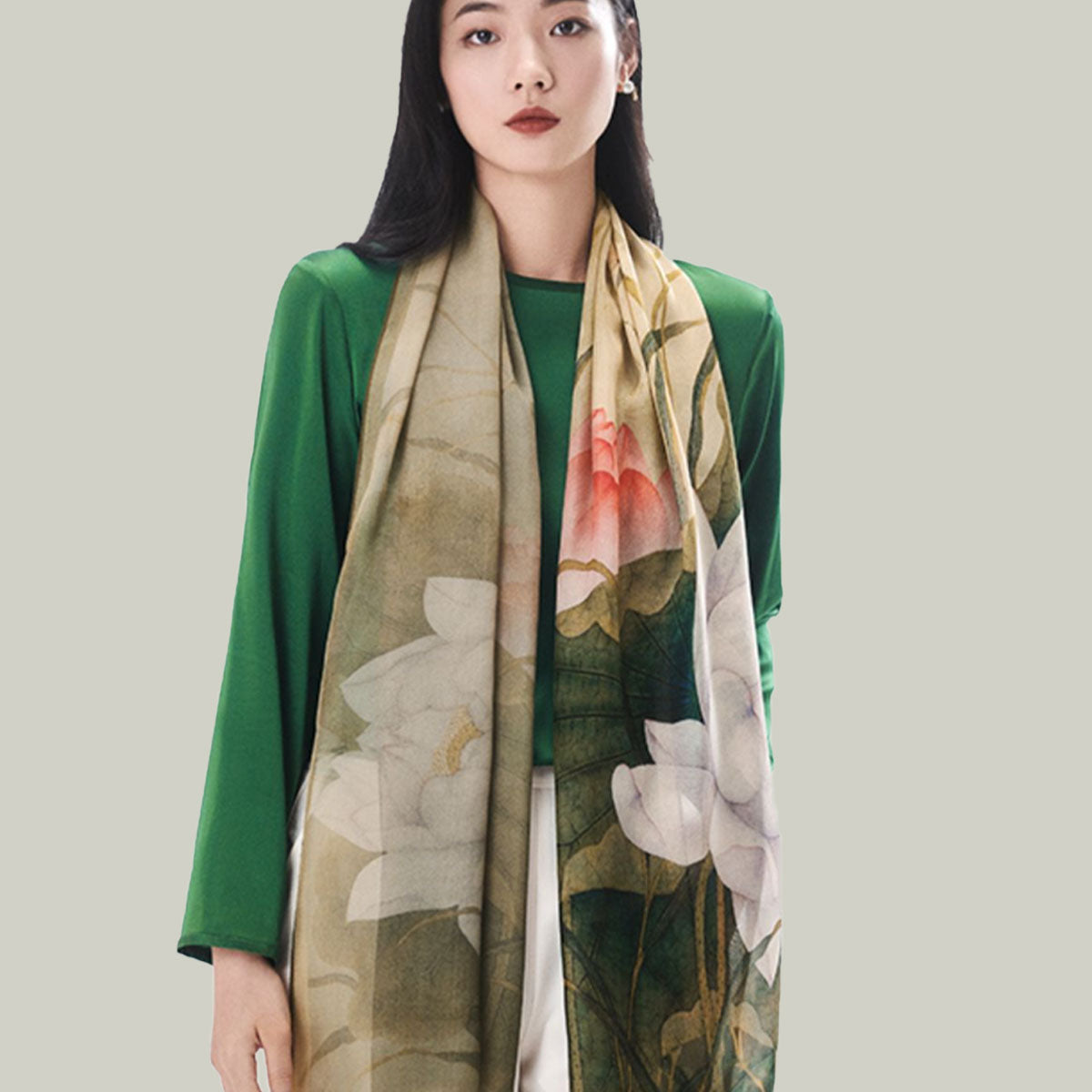 Silk Chiffon Shawls Scarf Long Mulberry Silk Scarf, Summer Lotus