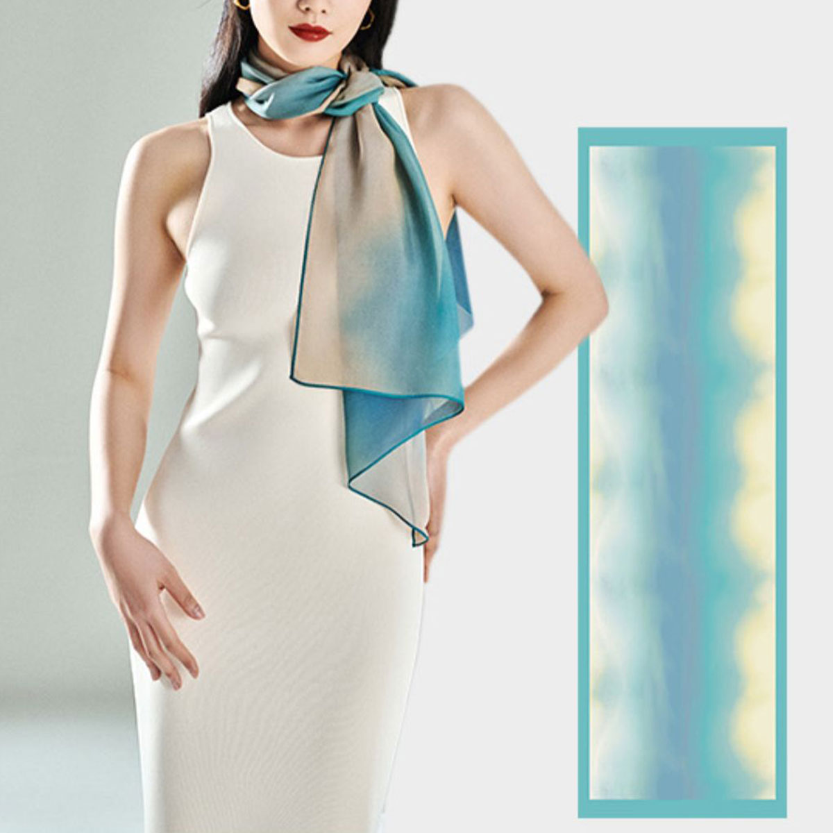 Silk Chiffon Shawls Mulberry Silk Scarf Long, Gradient Turquoise